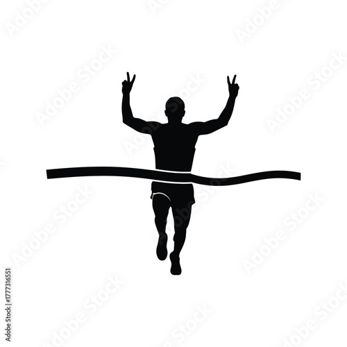 Runner silhouette crosses finish line victoriously, celebrating marathon race win isolated on white background, Vector