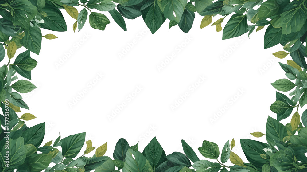 Fototapeta premium White leafy border frame with lush green foliage.