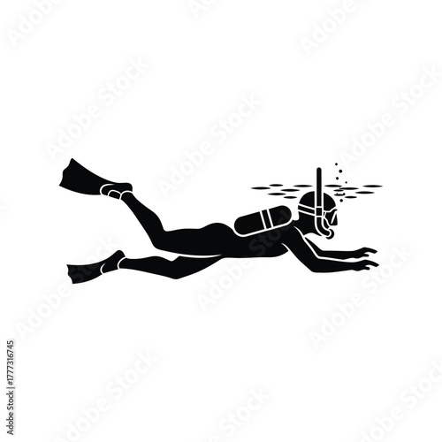 Snorkeling scuba diver underwater icon vector. swimming mask fins snorkel silhouette isolated on white background, Vector