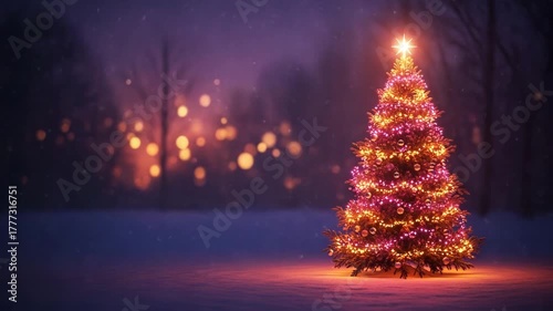 Christmas tree with lights in snowy winter night festive holiday illustration