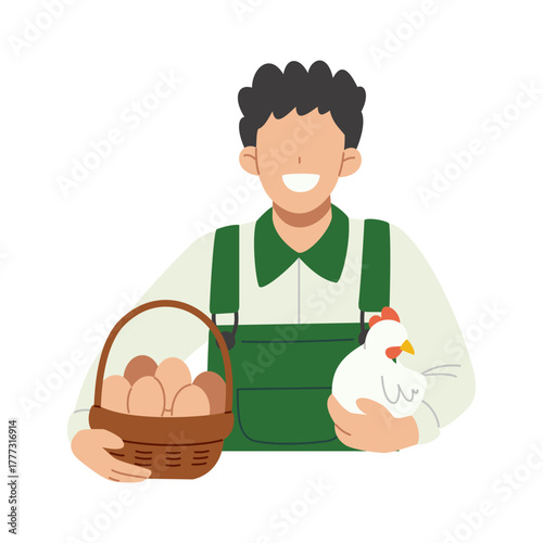 Happy poultry farmer with basket of eggs and chicken. Flat character illustration isolated on white background