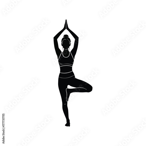 Woman yoga tree pose silhouette for wellness, fitness, and mindful balance isolated on white background, Vector