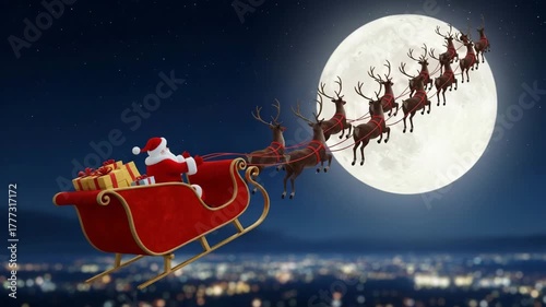 Santa Claus on sleigh flying over snowy winter night with moon stars and reindeer cartoon Christmas scene