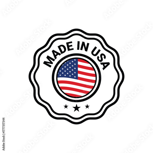 Classic black and white seal badge featuring the American flag and “Made in USA” text. Perfect for product labeling, branding, and packaging design. Transparent background.