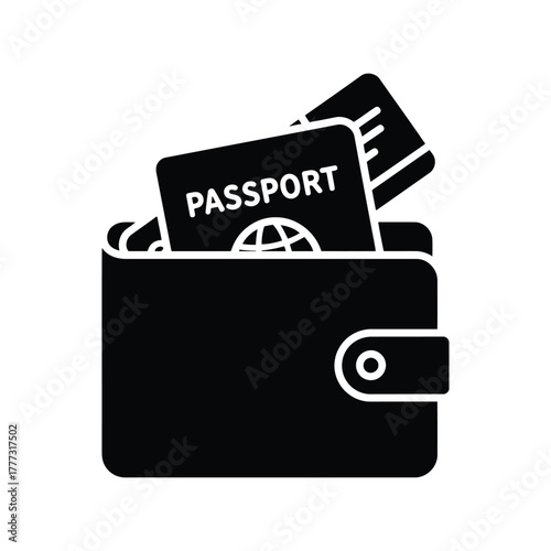 Travel wallet icon with passport and airline ticket for international trip and identity document isolated on white background, Vector