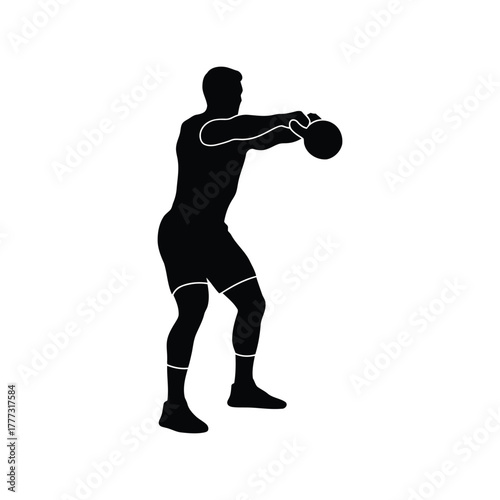 Male kettlebell swing exercise silhouette icon   fitness strength training workout vector isolated on white background, Vector