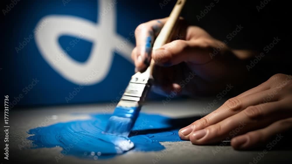 Hand holding a brush drawing on paper in office setting