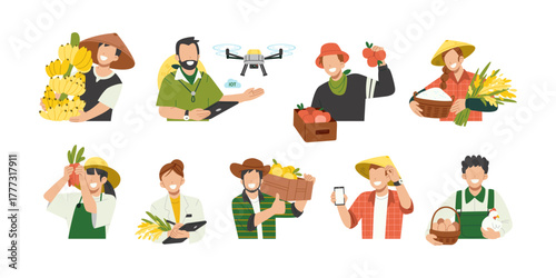Set of modern local farmer, including poultry farmers, agricultural researchers, a tech-savvy farmer with smartphone and drone. Flat characters in diverse agricultural roles cartoon illustration 