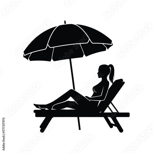 Woman relaxing on beach chair under umbrella silhouette. summer vacation leisure vector isolated on white background, Vector