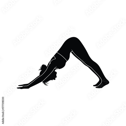Woman downward facing dog yoga pose silhouette icon. fitness, health, wellness exercise. isolated on white background, Vector