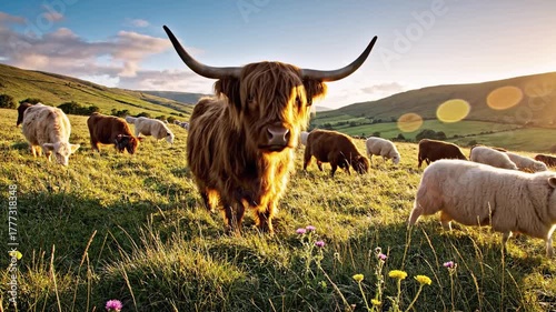 A close-up of a Highland cow, front and center, with a herd of sheep and other cows on a grassy hill