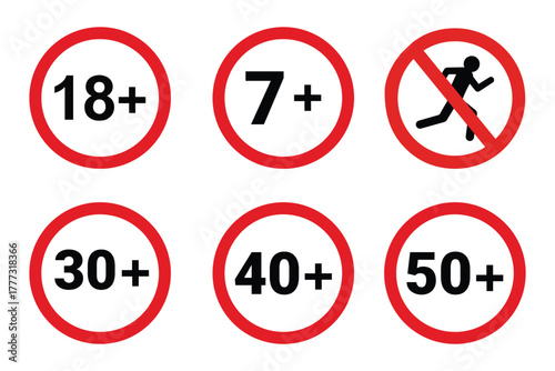 Set of red circular age restriction icons including 7+, 18+, 30+, 40+, 50+, and no tools sign. Perfect for product labeling, content warning, or safety design. Transparent background.