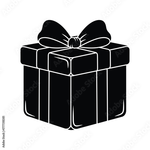 Black gift box with bow icon silhouette vector graphic for celebration and surprise isolated on white background, Vector