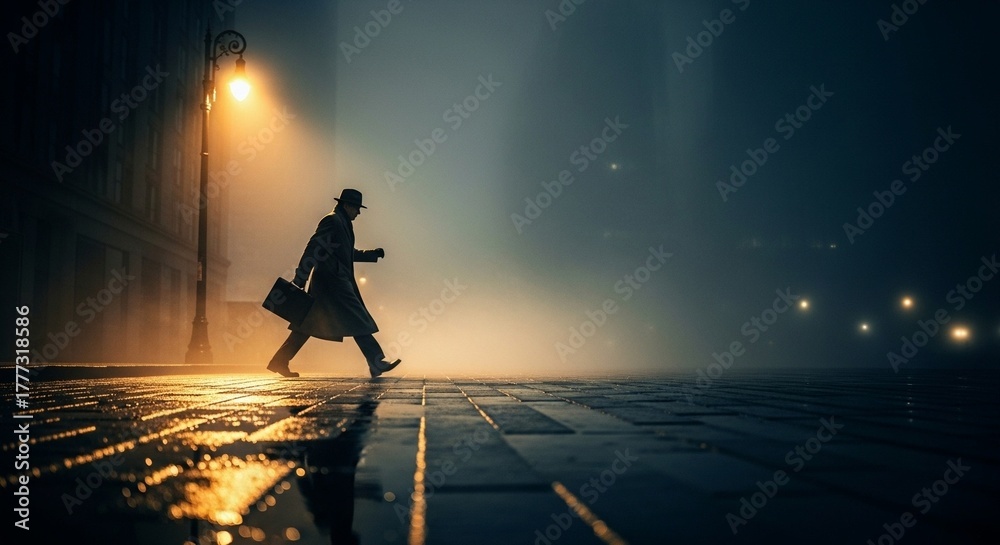 Naklejka premium Urban commuter walking under glowing streetlamp in soft mist during quiet winter evening as light reflects on wet pavement creating cinematic solitude atmosphere