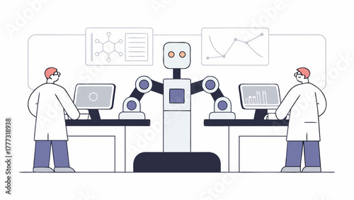 Vector illustration of a humanoid robot working alongside scientists in a high-tech research facility, symbolizing innovation and automation
