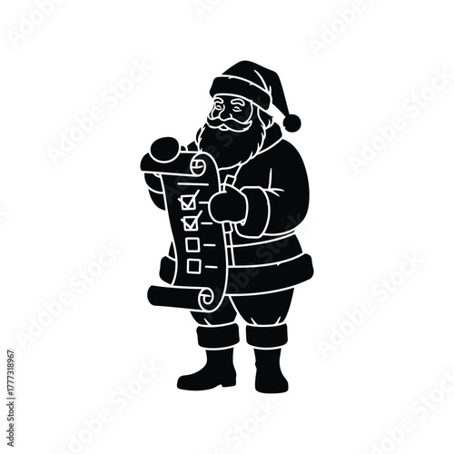 Santa claus checking naughty or nice list scroll. christmas holiday planning vector icon. isolated on white background, Vector