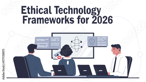 Vector illustration of a corporate team analyzing an ethical technology diagram on a screen during a strategic planning and development meeting