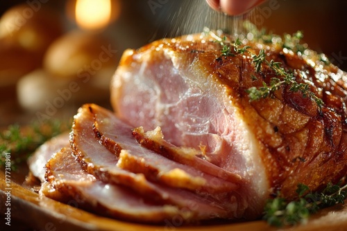 Thanksgiving Ham: juicy carved roasted thanksgiving ham, with the slices falling onto a serving platter. Glazed ham.