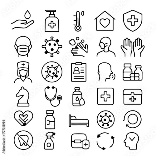 Collection of medical icons and symbols representing health and safety measures. Featuring symbols like face masks, hand sanitizers, and virus representations
