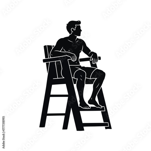 Male lifeguard silhouette on high chair vector illustration   beach pool safety icon isolated on white background, Vector