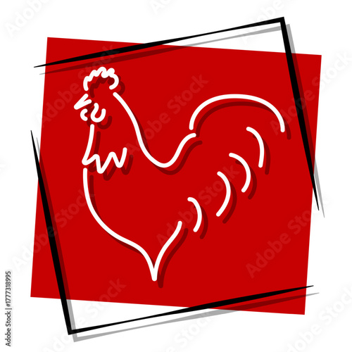 rooster, red banner in a frame. Vector illustration on a white background.