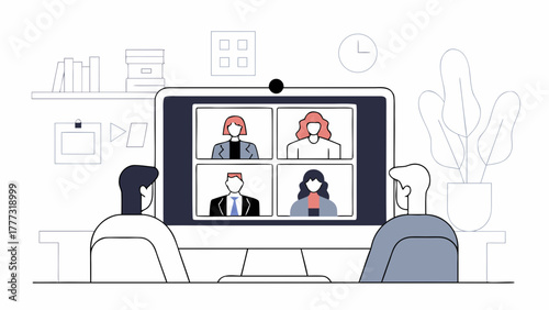 Business colleagues collaborating in an online meeting via video conference, concept for remote teamwork and communication. Vector illustration
