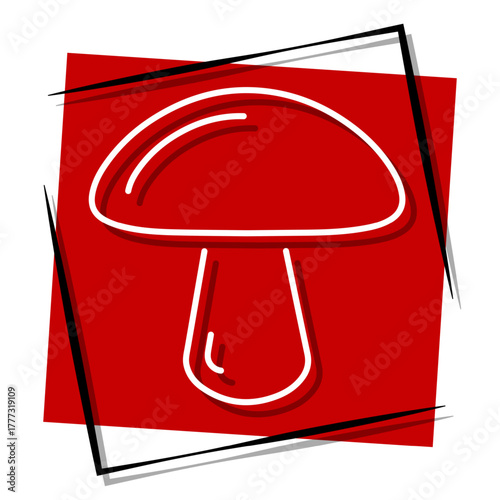 mushroom, red banner in a frame. Vector illustration on a white background.
