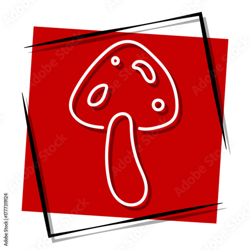 mushroom, red banner in a frame. Vector illustration on a white background.