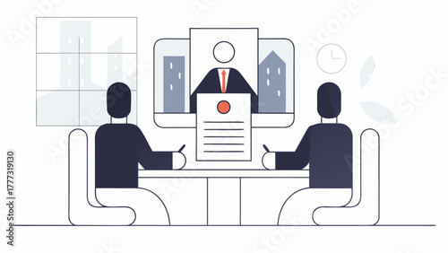 Modern business agreement with remote online contract signing and digital signature technology in a corporate meeting. Vector illustration