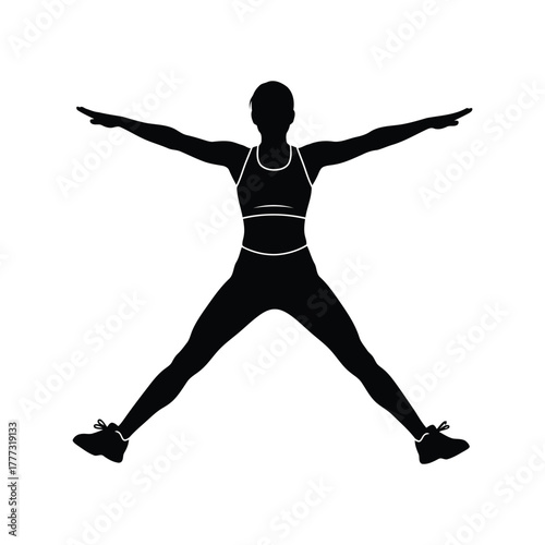 Athletic woman stretching workout silhouette. jumping jack fitness exercise pose isolated on white background, Vector