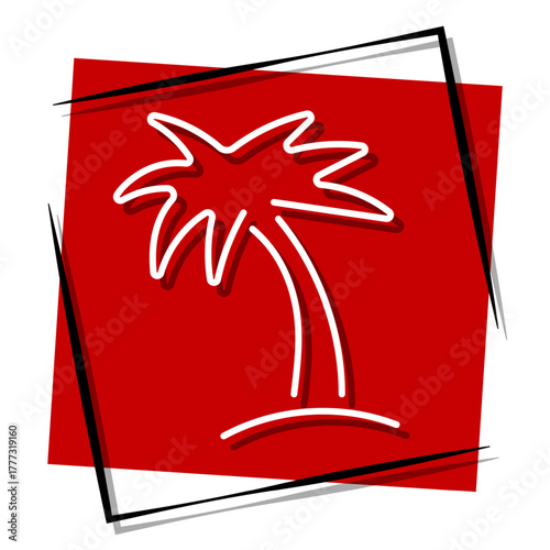 palm tree, red banner in a frame. Vector illustration on a white background.