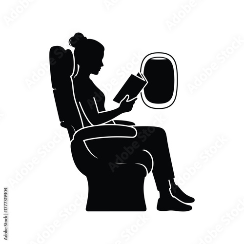 Woman reading book on airplane flight, travel journey, window seat relaxation illustration isolated on white background, Vector