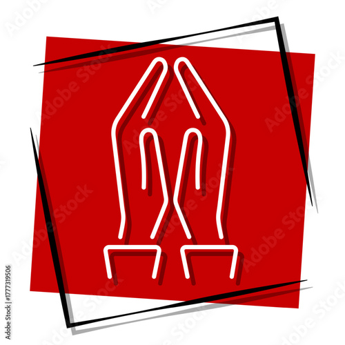 prayer hand, red banner in a frame. Vector illustration on a white background.