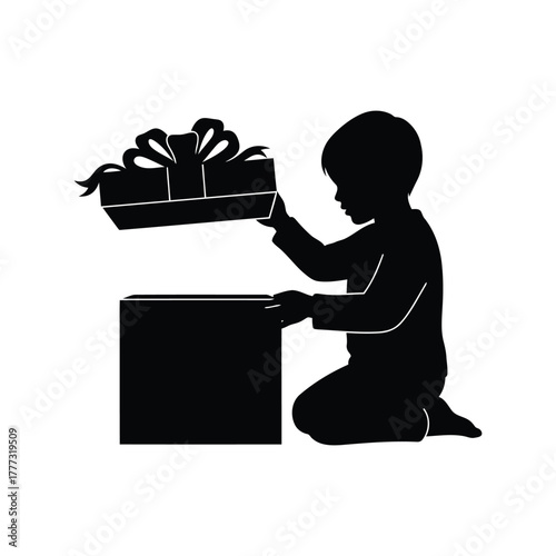 Child opening gift box silhouette   kid's birthday present surprise icon isolated on white background, Vector