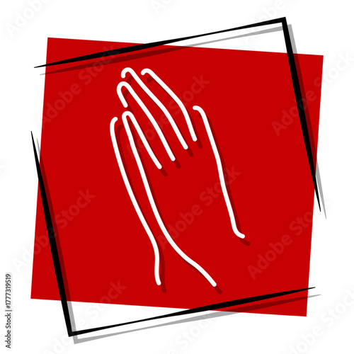 prayer hand, red banner in a frame. Vector illustration on a white background.