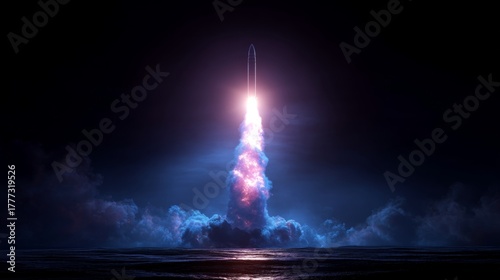 Soaring across the globe: a missile's transcontinental journey. Art direction. Intercontinental ascent: a missile's dramatic rise through clouded skies. Digital artwork. Trendy visuals.