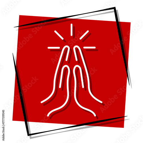 prayer hand, red banner in a frame. Vector illustration on a white background.