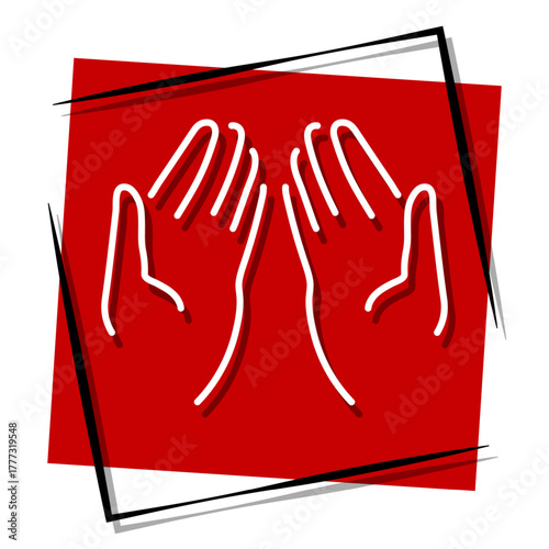 prayer hand, red banner in a frame. Vector illustration on a white background.