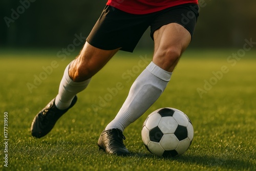 Close up of soccer player dribbling the ball on green field during match in sunset light