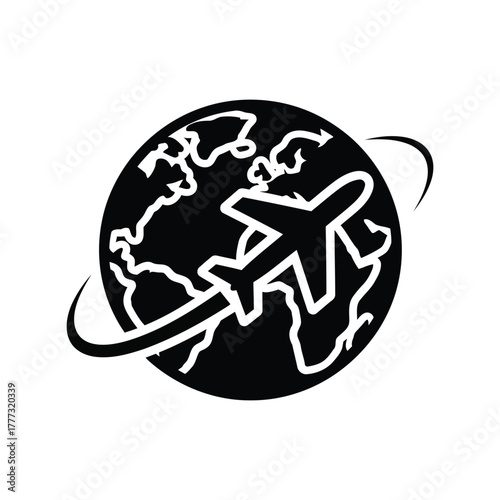 Global air travel icon: airplane flying around earth, international logistics & shipping symbol isolated on white background, Vector