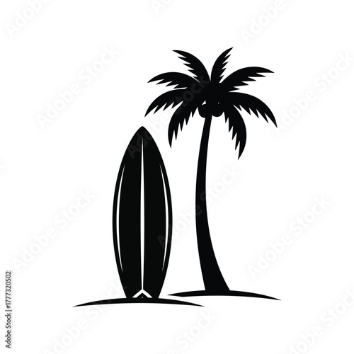 Tropical surfing beach palm tree silhouette icon vector graphic design element isolated on white background, Vector