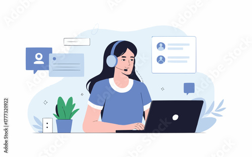 Friendly support agent ready to assist customers with a smile, providing excellent service and building rapport in a call center environment