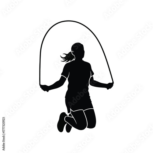 Dynamic woman jumping rope silhouette vector. fitness exercise, cardio workout training icon. isolated on white background, Vector