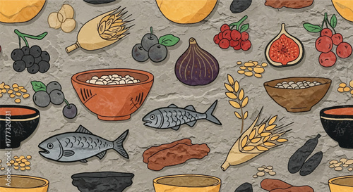 Mediterranean Diet Seamless Pattern: Ancient Healthy Food Illustration with Olives, Fish, Grains, and Figs
