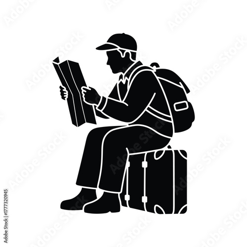 Tourist planning trip, reading map, sitting on suitcase. travel adventure, journey navigation isolated on white background, Vector