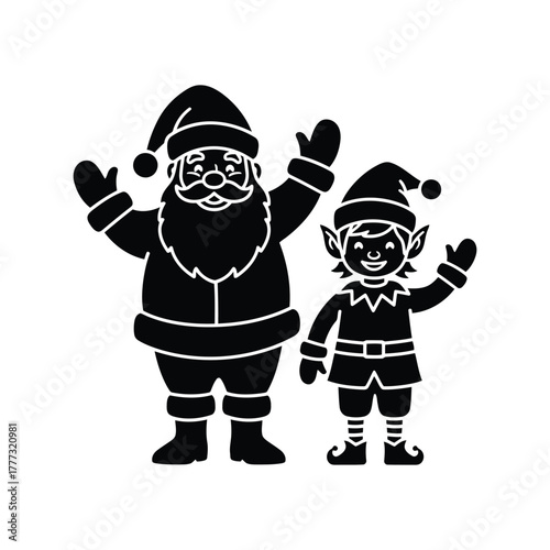 Cheerful santa claus and elf waving christmas icon silhouette. holiday vector illustration isolated on white background, Vector