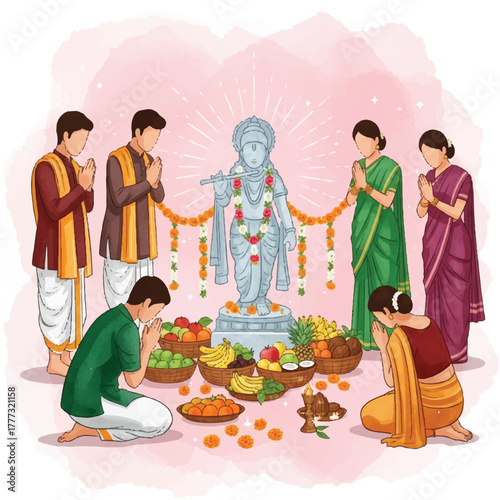 People offering prayers to a statue of Krishna adorned with garlands, with offerings of fruits and sweets in a religious setting.