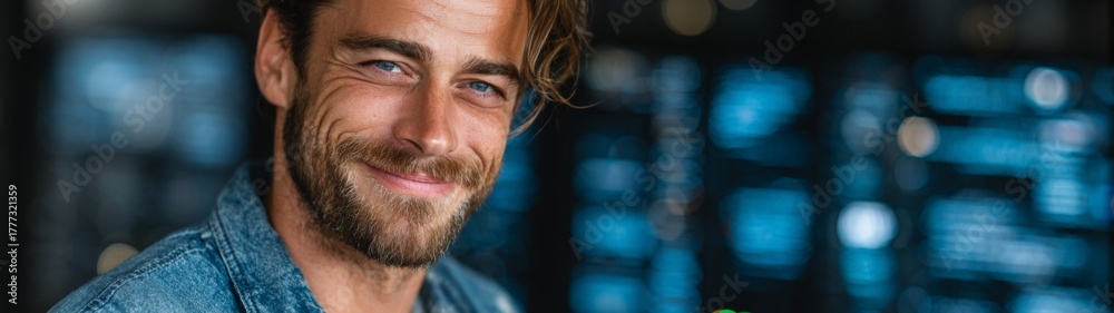 Fototapeta premium A blend of fashion and positivity: the modern man's charismatic aura. Intelligent screens. Nature and style: harmonious blend of a manâ€™s charisma with colorful surroundings. Digital analytics.