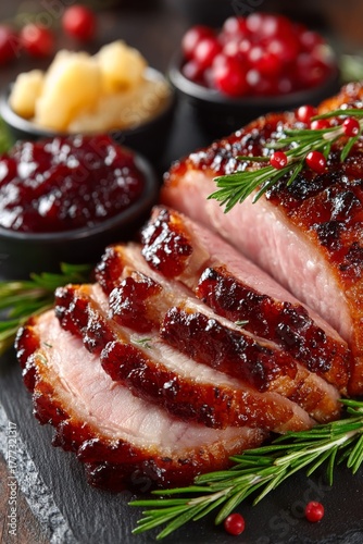 Juicy roasted Thanksgiving ham, perfectly glazed and carved, with tender slices tumbling onto a serving dish.
