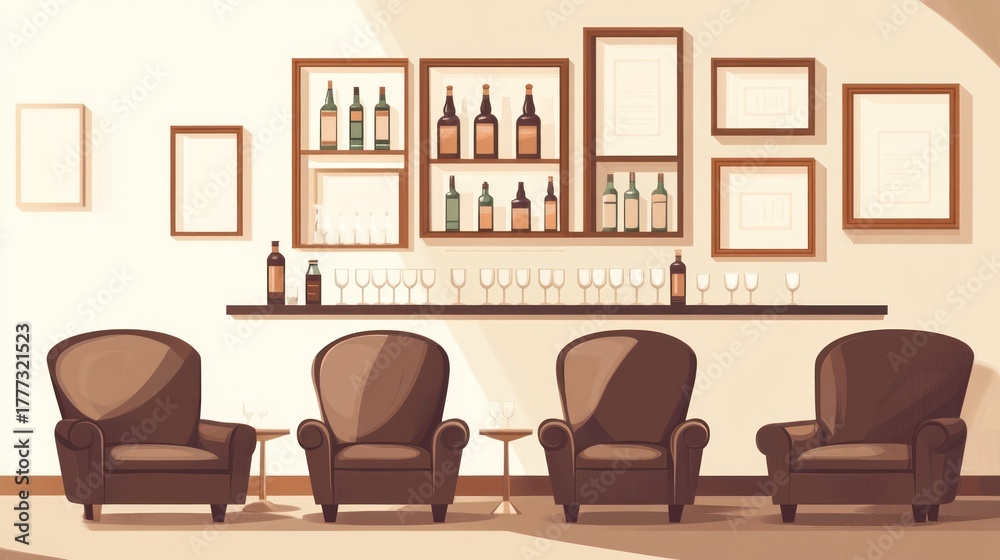 Fototapeta premium Empty wine bar interior, calm atmosphere, comfortable seating. Possible use stock photo for restaurant design, interior design